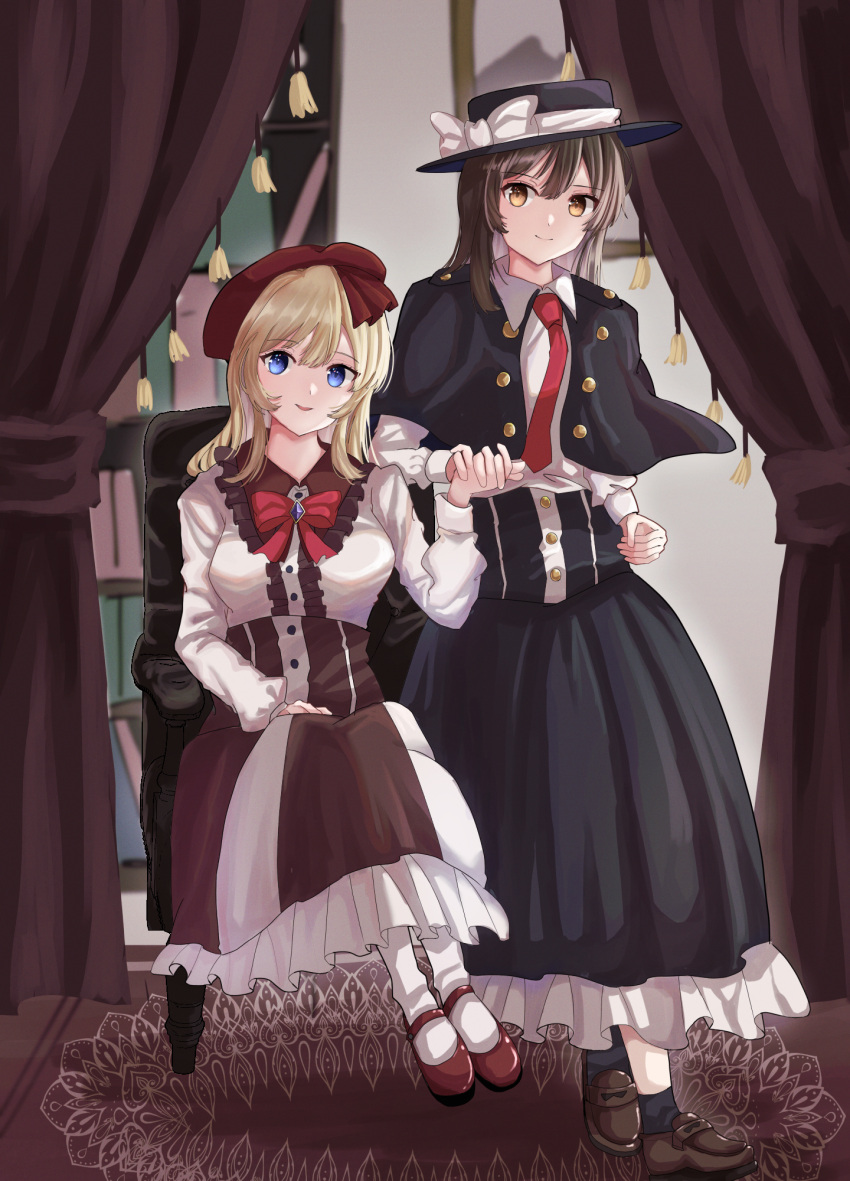 2girls, black_capelet, black_headwear, black_skirt, black_socks, blonde_hair, blue_eyes, bow