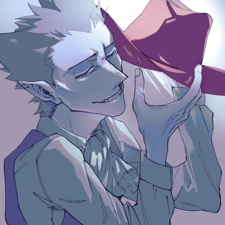 1boy, ascot, black_hair, borrowed_clothes, closed_eyes, draluc_(kyuuketsuki_sugu_shinu), hat, highres, holding, holding_clothes, holding_hat, kyuuketsuki_sugu_shinu, long_sleeves, male_focus, pointy_ears, smile, solo, spiky_hair, upper_body, vampire, white_ascot, yasumi_z2