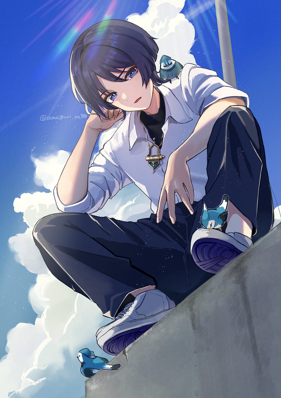 1boy, alternate_costume, amaguri_ya, animal_on_shoulder, bangs, bird, bird_on_shoulder, blue_pants, clouds, cloudy_sky, genshin_impact, hair_between_eyes, highres, jewelry, male_focus, necklace, pants, purple_hair, scaramouche_(genshin_impact), shirt, shoes, short_hair, sky, sneakers, solo, violet_eyes, wanderer_(genshin_impact), white_shirt