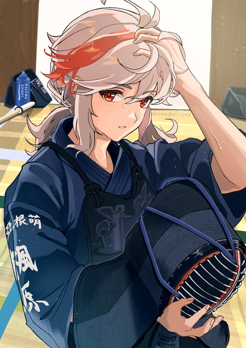 1boy, alternate_costume, amaguri_ya, fencing, fencing_suit, genshin_impact, grey_hair, hair_between_eyes