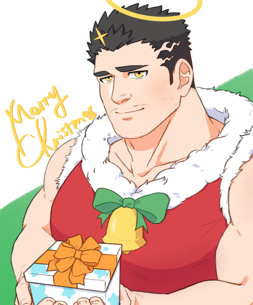 1boy, absurdres, alternate_costume, bare_arms, black_hair, blush, box, facial_hair, gift, gift_box, halo, highres, incoming_gift, large_pectorals, mature_male, merry_christmas, muscular, muscular_male, pectorals, santa_costume, short_hair, spiky_hair, stubble, tokyo_afterschool_summoners, upper_body, yasuyo_(oaghoerg), yellow_eyes, zabaniyya_(housamo)