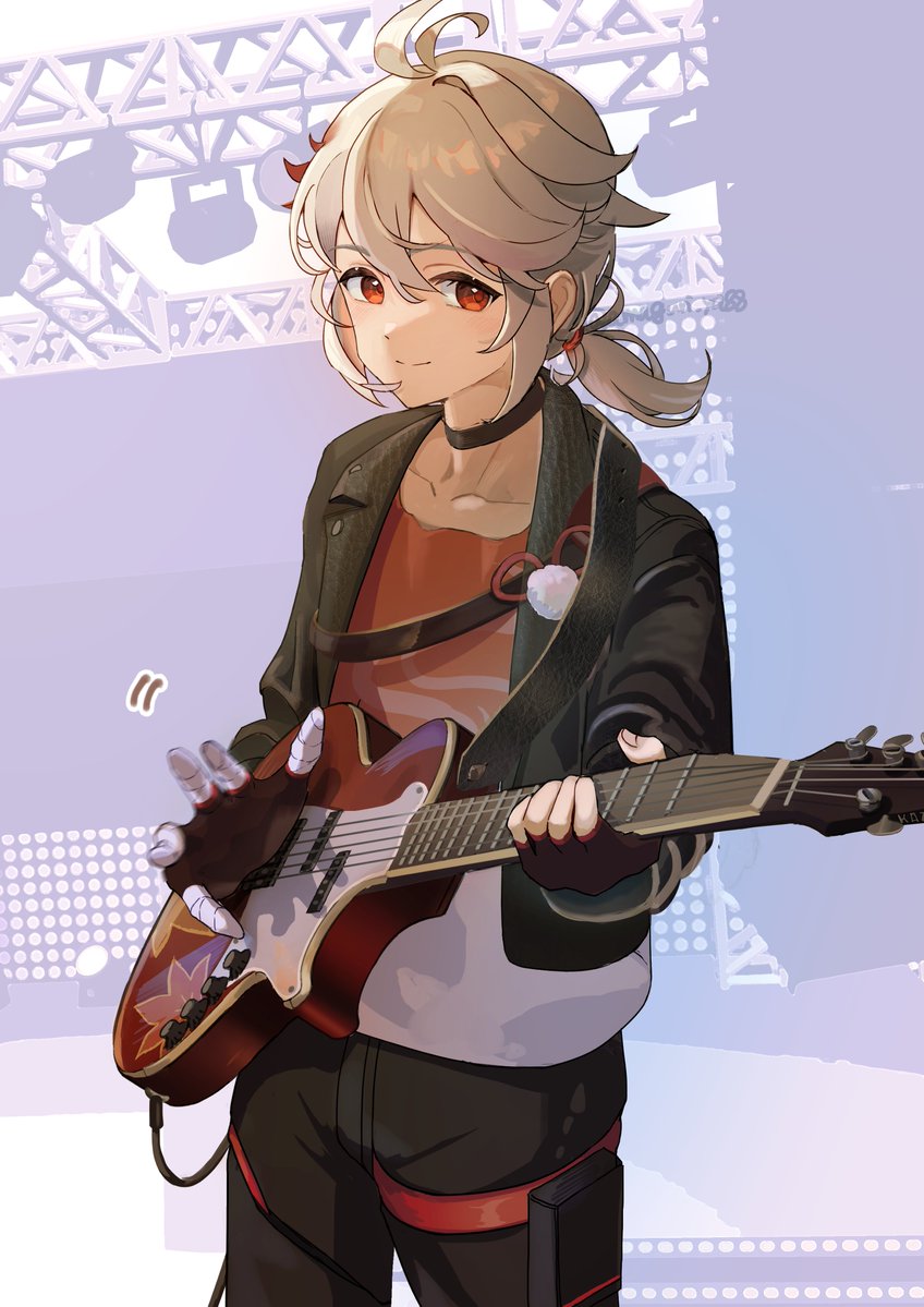 1boy, alternate_costume, amaguri_ya, bandages, bass_guitar, black_jacket, black_pants, fingerless_gloves