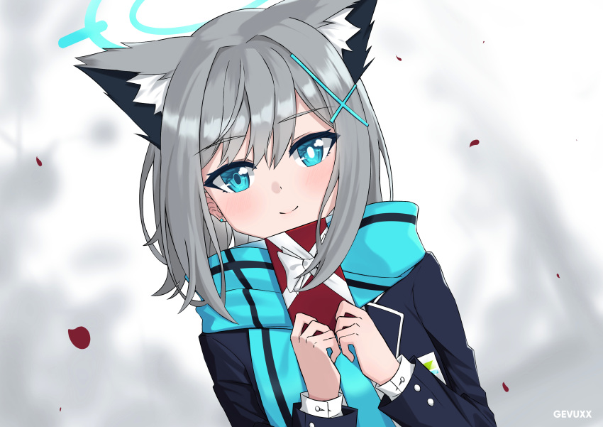 1girl, absurdres, animal_ear_fluff, bangs, blazer, blue_archive, blue_eyes, blue_scarf