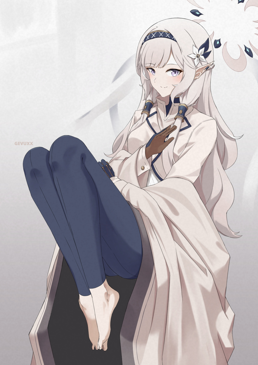 1girl, absurdres, bangs, barefoot, blue_archive, blunt_bangs, commentary_request, gevuxx, grey_eyes, grey_hair, hair_tubes, hairband, halo, highres, himari_(blue_archive), knees_up, leggings, long_hair, long_sleeves, looking_at_viewer, parted_bangs, pointy_ears, school_uniform, sidelocks, simple_background, sitting, smile, solo, two-tone_gloves