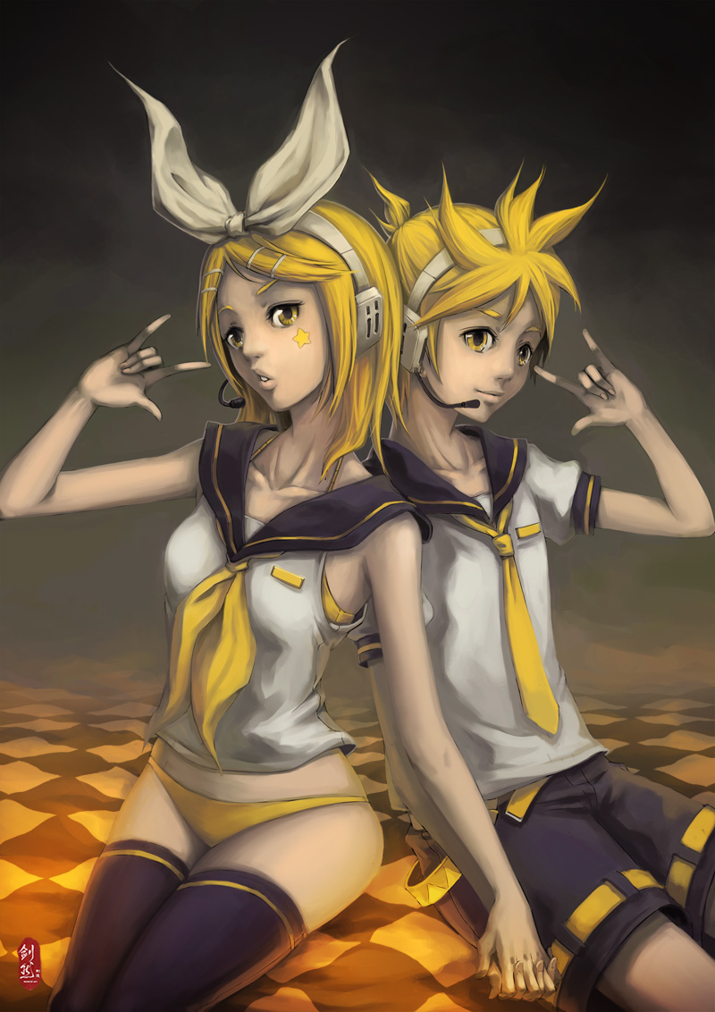 blonde_hair, checkered, checkered_floor, facepaint, facial_mark, hair_ornament, hair_ribbon, hairclip