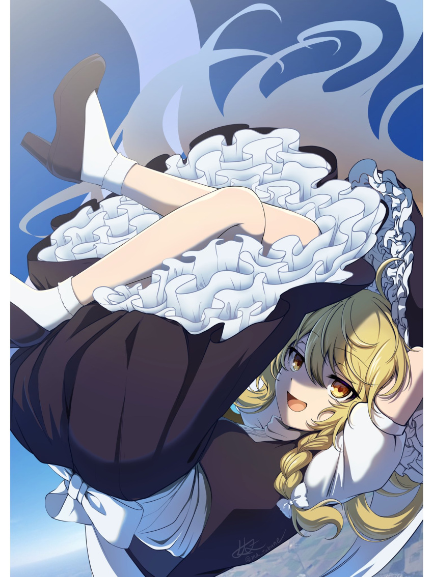 1girl, ass, black_dress, blonde_hair, bow, braid, dress, emoriza