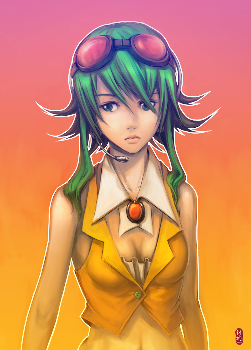 goggles_on_head, green_eyes, green_hair, gumi, headset, ichitakaseto, jianran_pan, megpoid