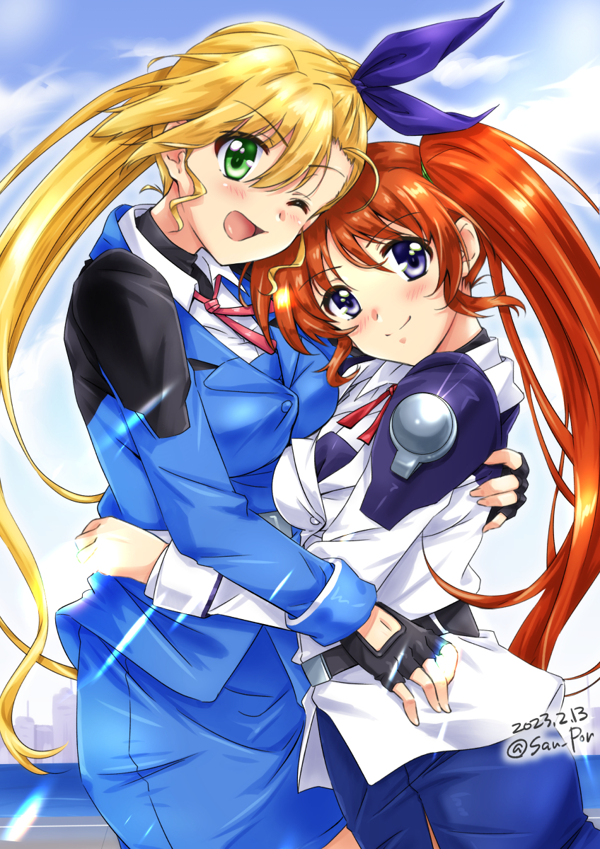 2girls, artist_name, black_gloves, blonde_hair, blue_eyes, blush, breasts, brown_hair