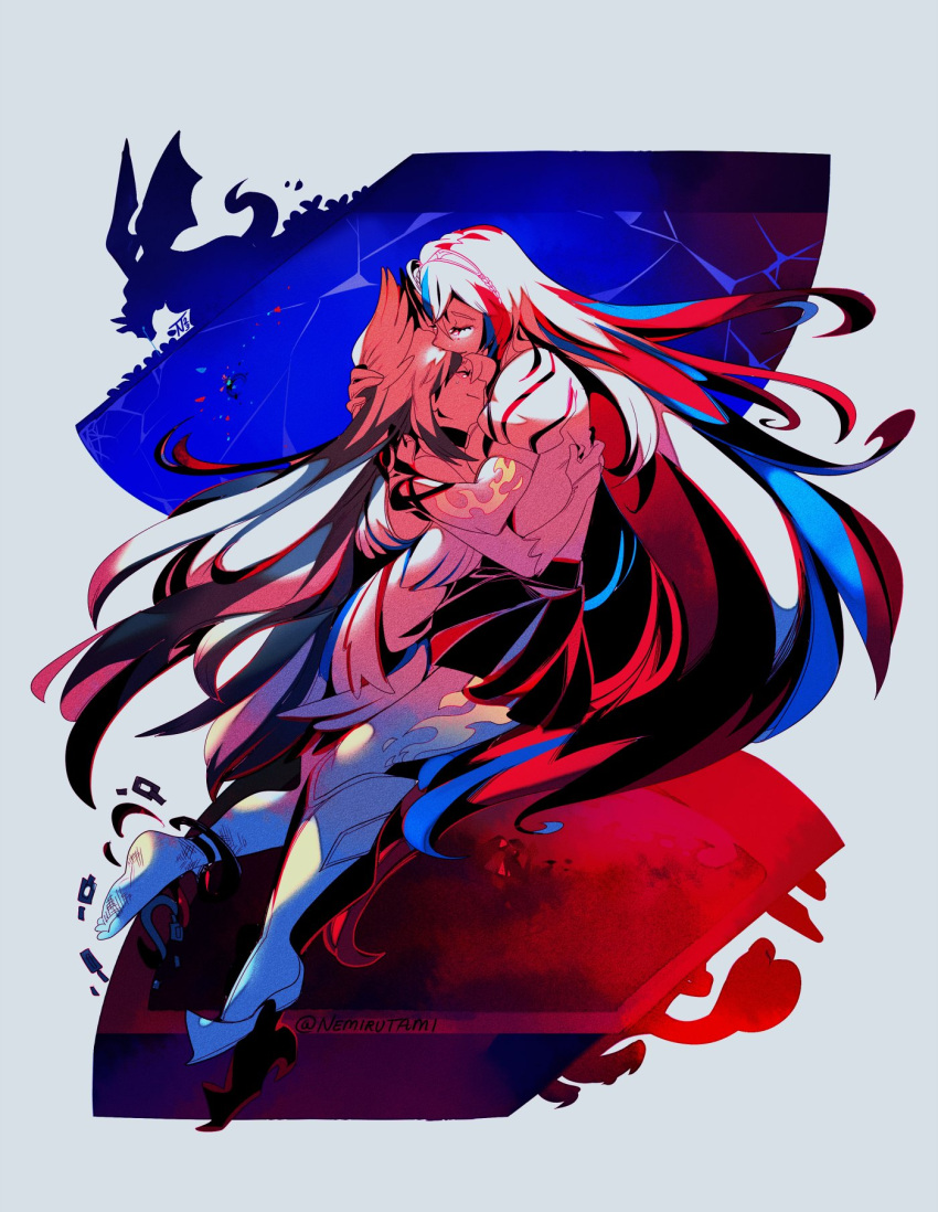 2girls, alear_(female)_(fire_emblem), alear_(fire_emblem), bangs, bare_shoulders, black_hair, blue_hair, crossed_bangs