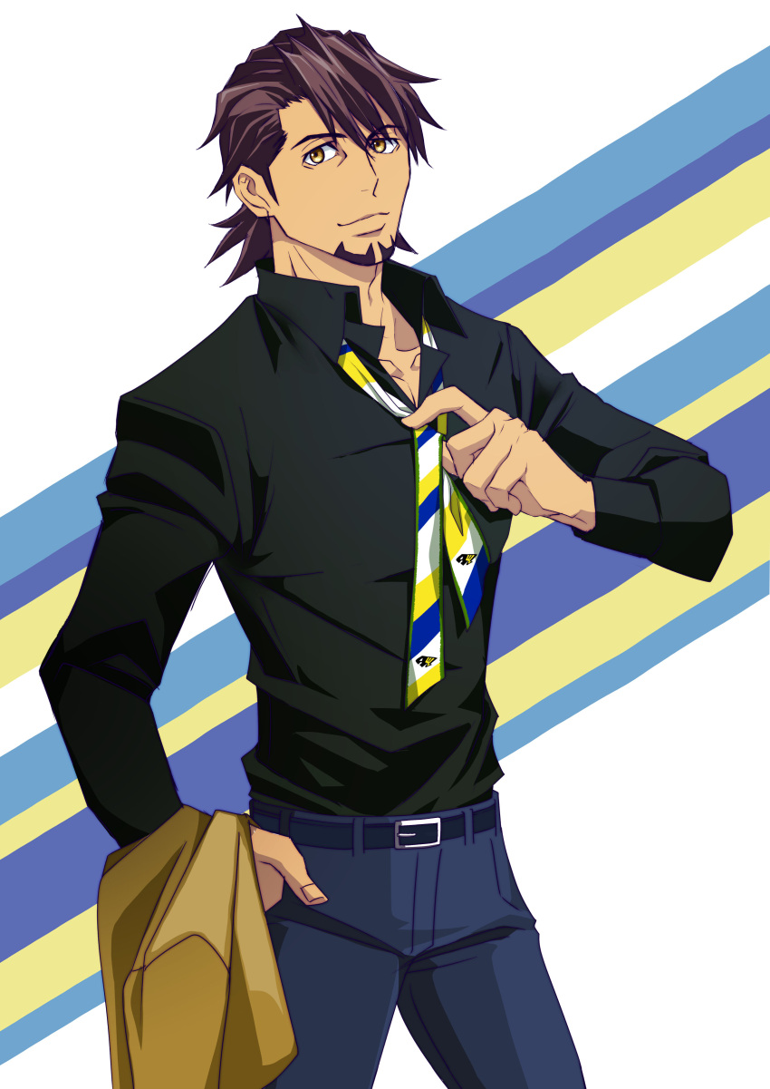 1boy, :3, absurdres, bangs, beard, belt, belt_buckle, black_shirt