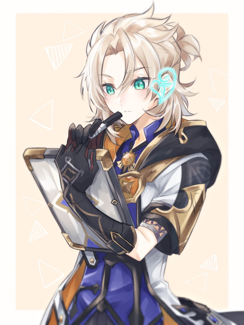 1boy, akasha_terminal, albedo_(genshin_impact), aqua_eyes, bangs, black_gloves, blue_shirt, blush
