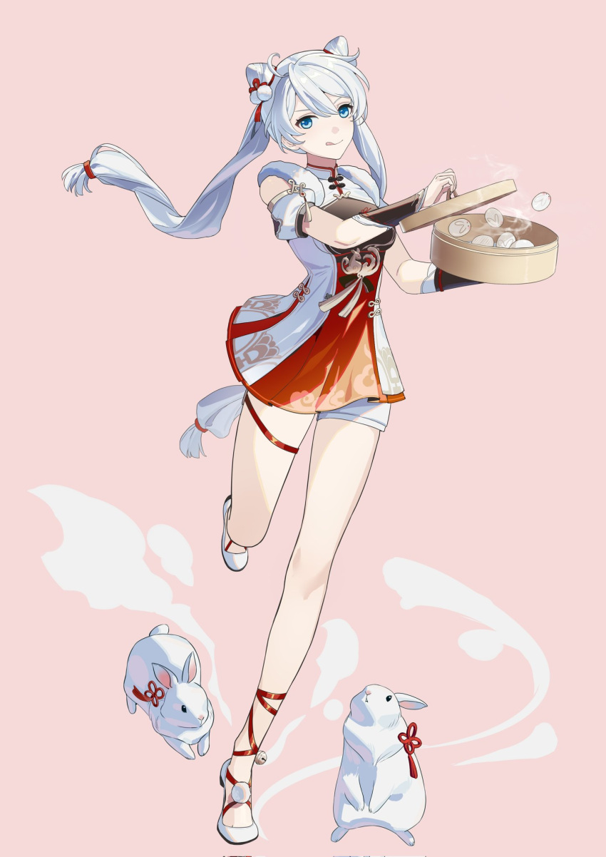 1girl, :q, animal, bamboo_steamer, bangs, baozi, blue_eyes, closed_mouth