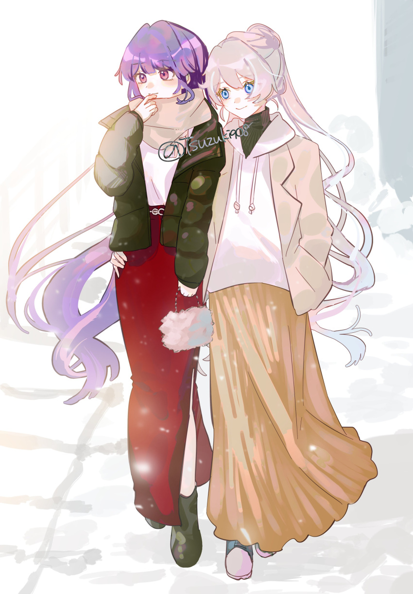 2girls, absurdres, bag, bangs, black_footwear, blue_eyes, brown_jacket, brown_scarf, brown_skirt, character_request, commentary_request, drawstring, green_jacket, grey_hair, hair_between_eyes, hand_on_another's_hip, handbag, highres, holding, holding_bag, honkai_(series), honkai_impact_3rd, hood, hood_down, hoodie, jacket, long_sleeves, multicolored_hair, multiple_girls, open_clothes, open_jacket, ponytail, purple_hair, red_eyes, red_skirt, scarf, shoes, skirt, sleeves_past_wrists, tsuzuki908, two-tone_hair, white_hoodie