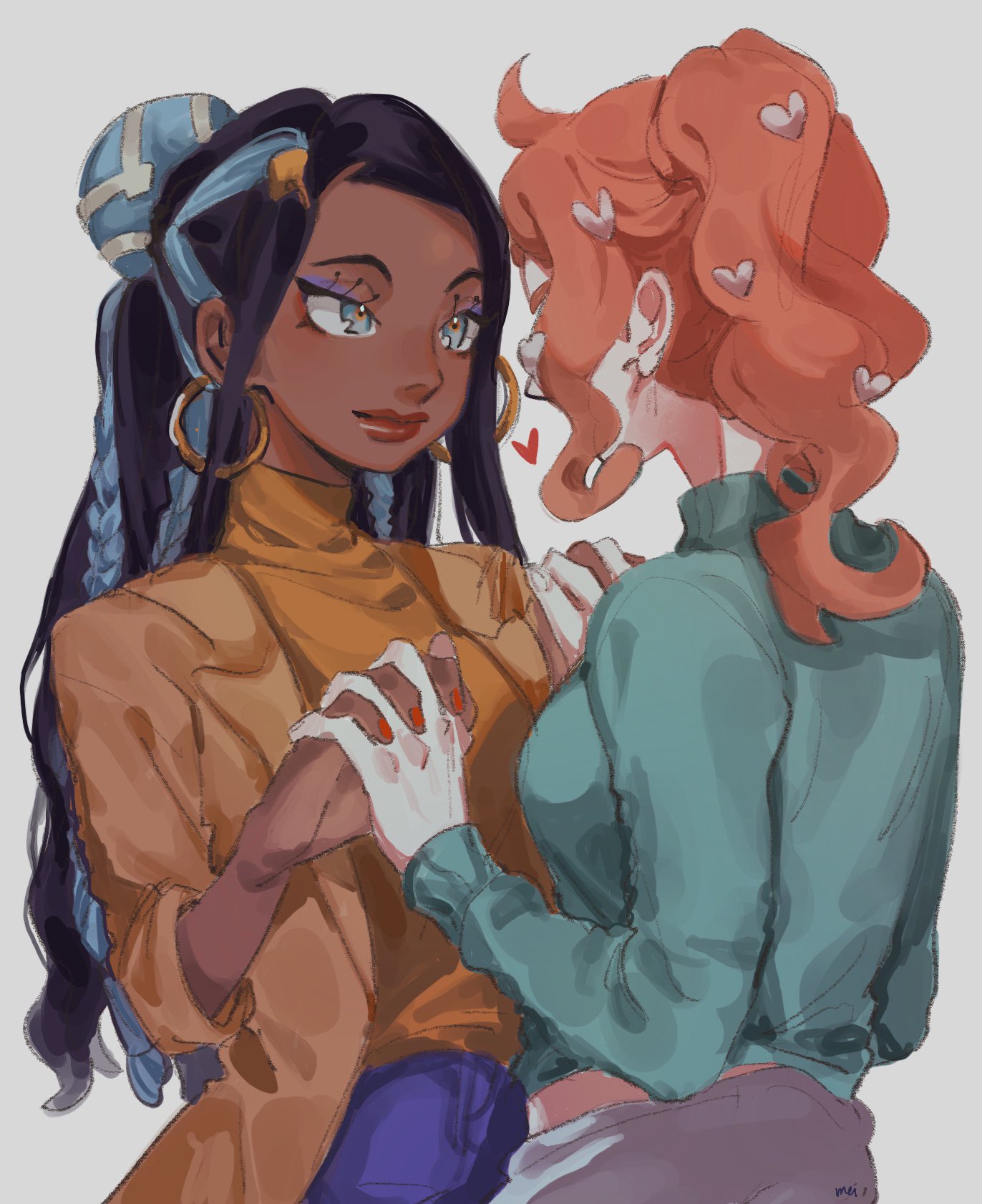 aqua_hair, black_hair, blue_eyes, blue_eyeshadow, braid, dark-skinned_female, dark_skin, earrings