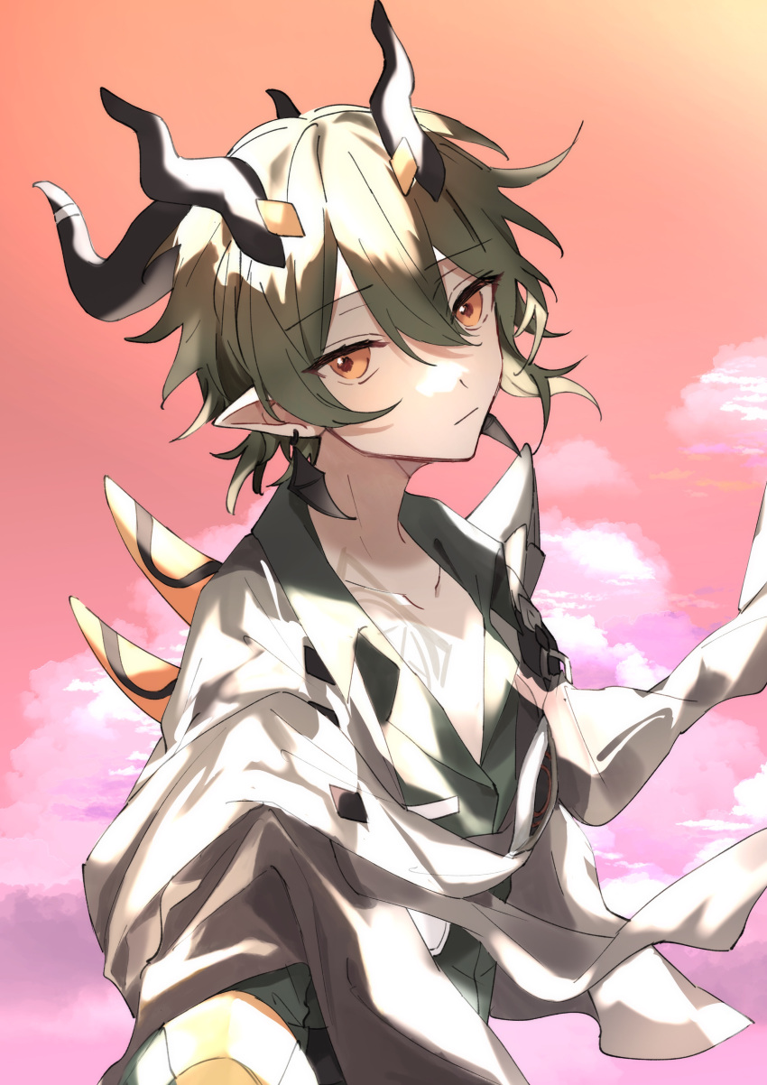 1boy, absurdres, bangs, brown_eyes, closed_mouth, clouds, collarbone, collared_shirt
