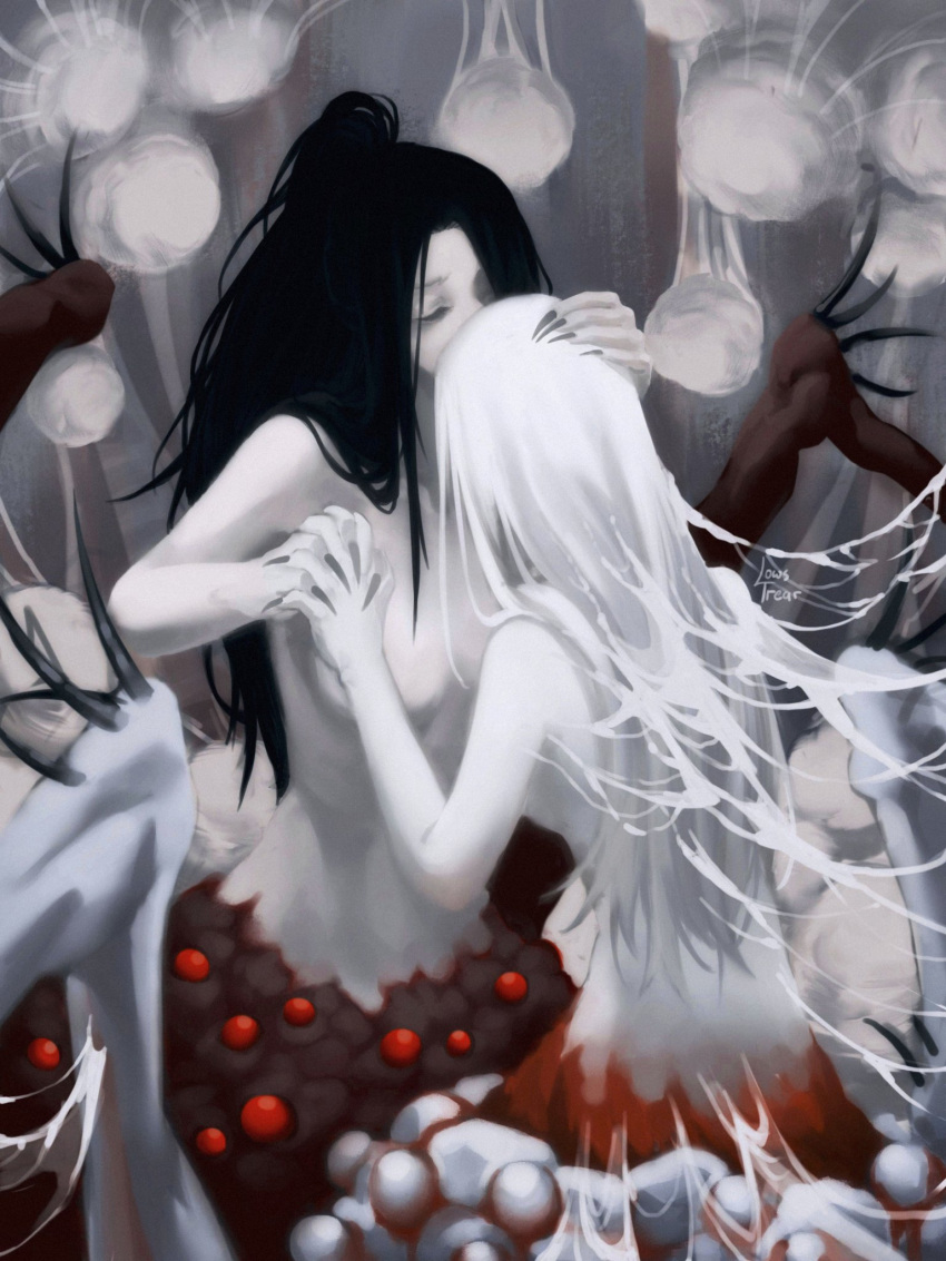 2girls, arthropod_girl, artist_name, black_hair, black_nails, chaos_witch_quelaag, clasp, dark_souls_(series)