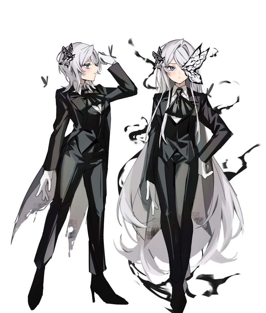 2girls, ascot, black_footwear, black_jacket, black_pants, black_suit, collared_shirt, e.g.o_(project_moon)