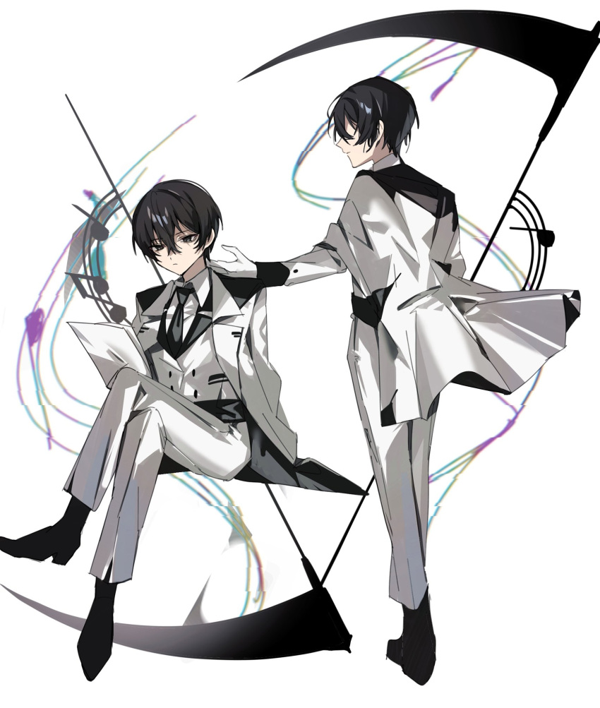 2boys, black_hair, black_necktie, collared_shirt, crossed_legs, e.g.o_(project_moon), formal, from_behind