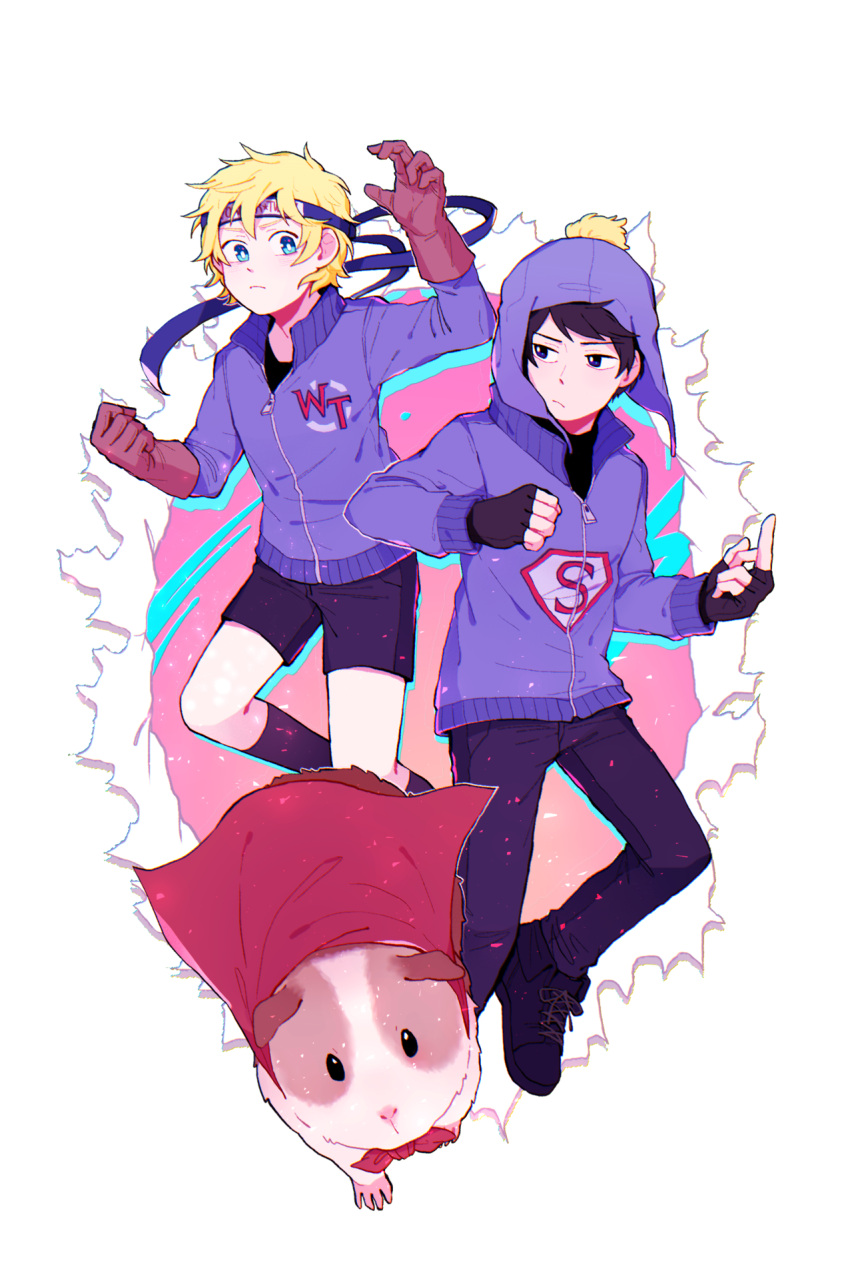 2boys, animification, black_footwear, black_hair, black_shorts, black_socks, blonde_hair, blue_eyes