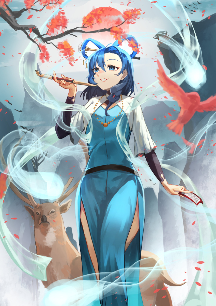 1girl, absurdres, animal, bangs, bird, blue_dress, blue_eyes, blue_hair