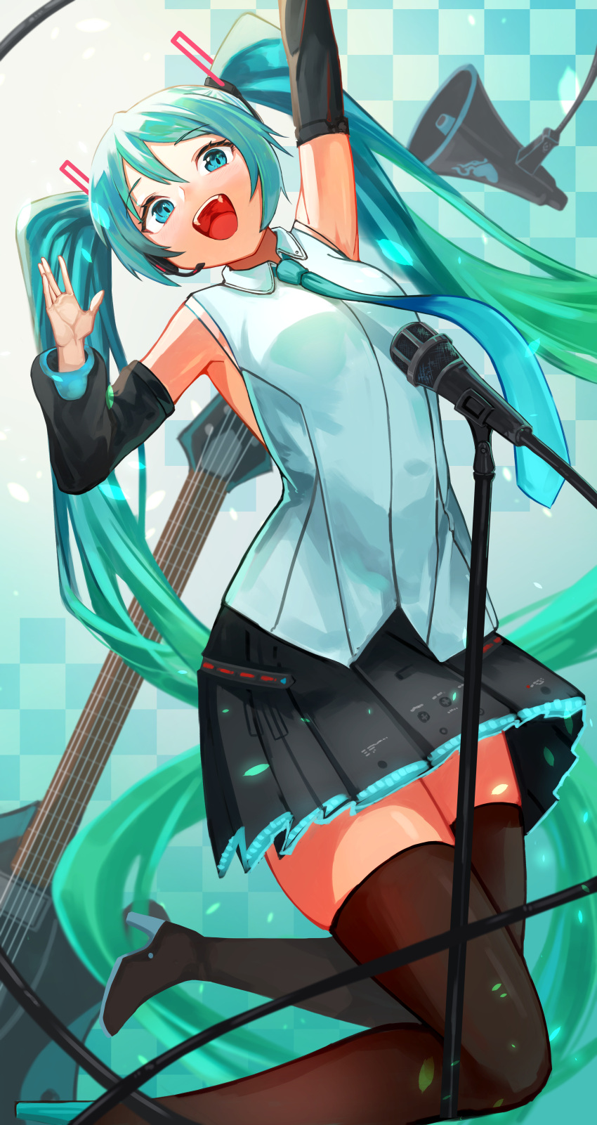 1girl, absurdres, aqua_background, aqua_eyes, aqua_hair, aqua_necktie, bangs, black_skirt, black_thighhighs, boots, collared_shirt, commentary, detached_sleeves, esp_stream-miku-custom, gradient_background, guitar, haido_(unisan), hatsune_miku, hatsune_miku_(vocaloid4), high_heel_boots, high_heels, highres, instrument, koi_wa_sensou_(vocaloid), long_hair, looking_at_viewer, megaphone, necktie, open_mouth, pleated_skirt, shirt, skirt, solo, teeth, thigh-highs, thigh_boots, twintails, upper_teeth_only, v4x, vocaloid, white_shirt
