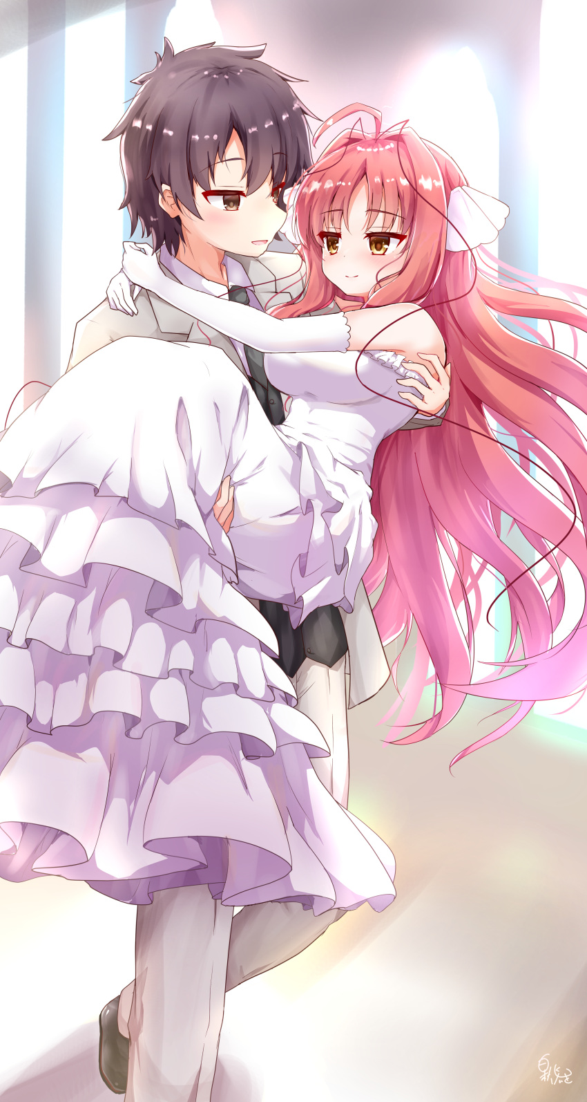 1boy, 1girl, absurdres, ahoge, arms_around_neck, bangs, bare_shoulders, black_eyes, black_footwear, black_hair, black_necktie, black_vest, blurry, blurry_background, blush, bow, breasts, carrying, church, closed_mouth, collar, commentary_request, dot_nose, dracu-riot!, dress, elbow_gloves, eyelashes, formal, frilled_dress, frilled_gloves, frills, full_body, gloves, grey_pants, grey_suit, hair_bow, hair_intakes, hair_strand, hakutocake, happy, hetero, highres, hug, huge_ahoge, husband_and_wife, jewelry, large_breasts, long_dress, long_hair, looking_at_another, mutsura_yuuto, necktie, nose, open_mouth, pants, parted_bangs, princess_carry, redhead, ring, shirt, short_hair, sidelocks, signature, smile, spiky_hair, standing, suit, sunlight, very_long_hair, vest, walking, wavy_hair, wedding, wedding_dress, wedding_ring, white_bow, white_collar, white_dress, white_gloves, white_shirt, yarai_miu, yellow_eyes