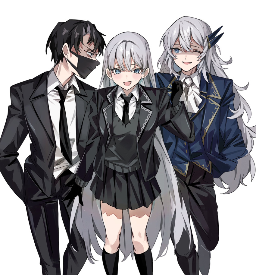 1girl, 2boys, :d, angelica_(library_of_ruina), argalia_(library_of_ruina), ascot, black_jacket, black_necktie, black_pants, black_skirt, black_suit, blue_eyes, blue_jacket, collared_shirt, formal, hair_ornament, hands_in_pockets, highres, jacket, kneehighs, library_of_ruina, long_hair, looking_at_another, mask, mouth_mask, mu46016419, multiple_boys, necktie, one_eye_closed, pants, pleated_skirt, project_moon, roland_(library_of_ruina), shaded_face, shirt, short_hair, simple_background, skirt, smile, socks, suit, sweatdrop, very_long_hair, white_background, white_hair, white_shirt