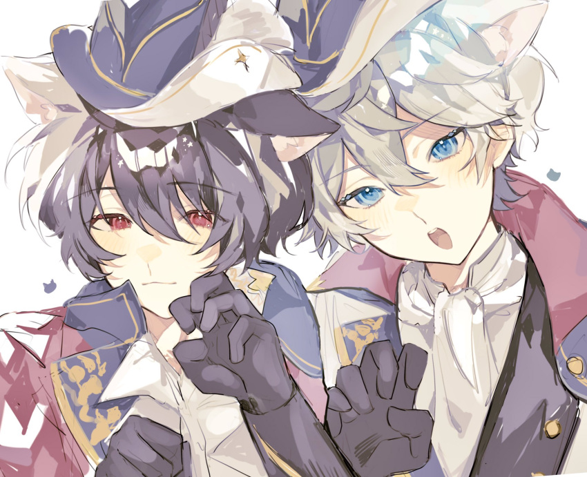 2boys, animal_ears, black_gloves, black_hair, blue_eyes, cat_boy, cat_ears, closed_mouth, daifugo_happy, ensemble_stars!, formal, gloves, grey_hair, hat, highres, looking_at_viewer, male_focus, multiple_boys, open_mouth, red_eyes, sakuma_ritsu, sena_izumi_(ensemble_stars!), short_hair, suit, white_background
