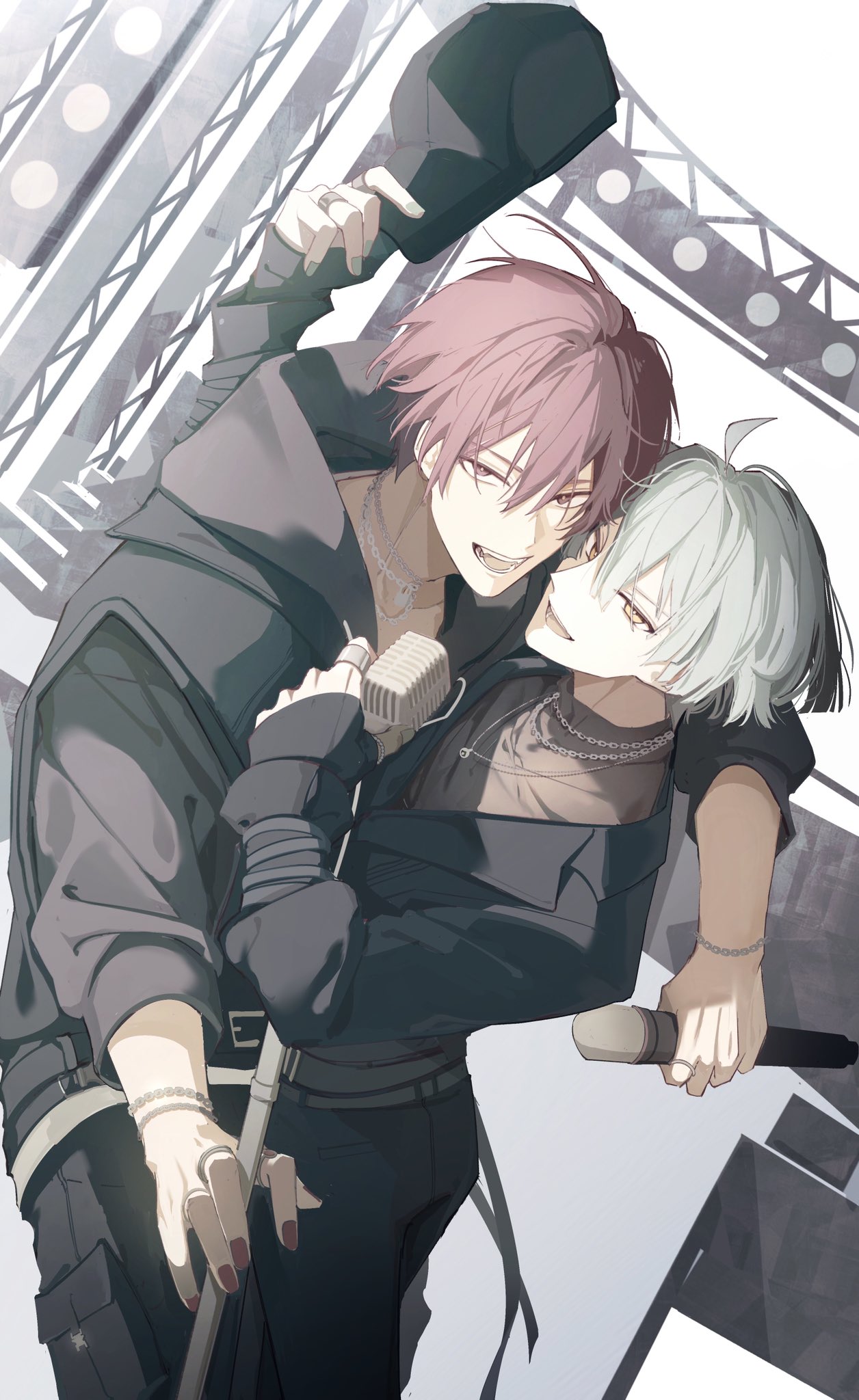 25d03427899, 2boys, black_jacket, black_pants, blue_hair, highres, holding, holding_microphone_stand