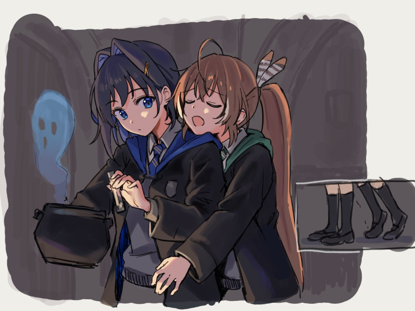 2girls, ahoge, alternate_costume, alternate_universe, bangs, black_robe, blue_eyes, blue_hair