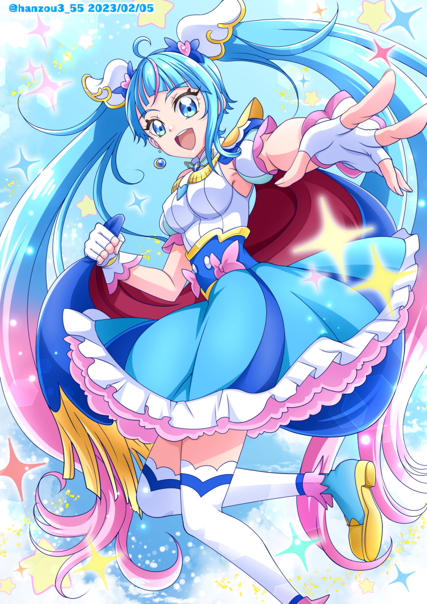 1girl, :d, ahoge, armband, bangs, blue_cape, blue_dress, blue_eyes