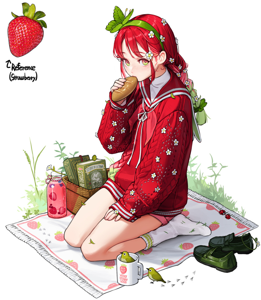 1girl, bangs, bare_legs, basket, book, bottle, bread, butterfly_hair_ornament