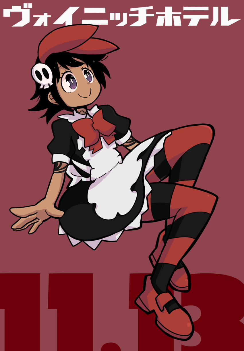 1girl, absurdres, apron, arm_tattoo, black_dress, black_hair, bright_pupils, closed_mouth