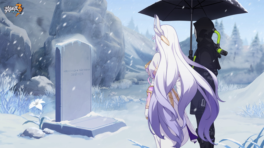 1boy, 1girl, black_hoodie, flower, grave, gray_serpent, hare_(honkai_impact), highres