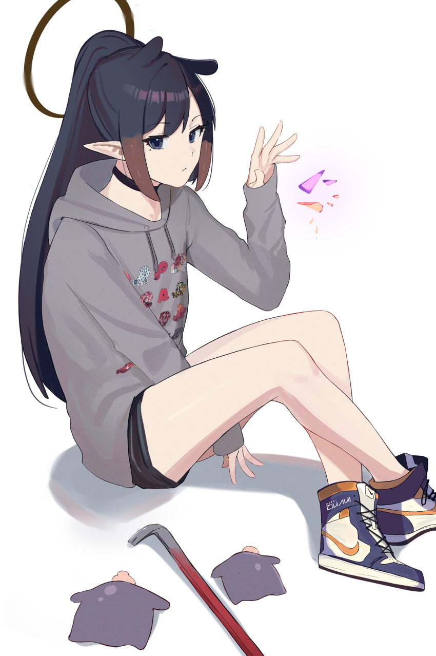 1girl, air_jordan, alternate_costume, alternate_hairstyle, bangs, black_choker, black_hair, black_shorts