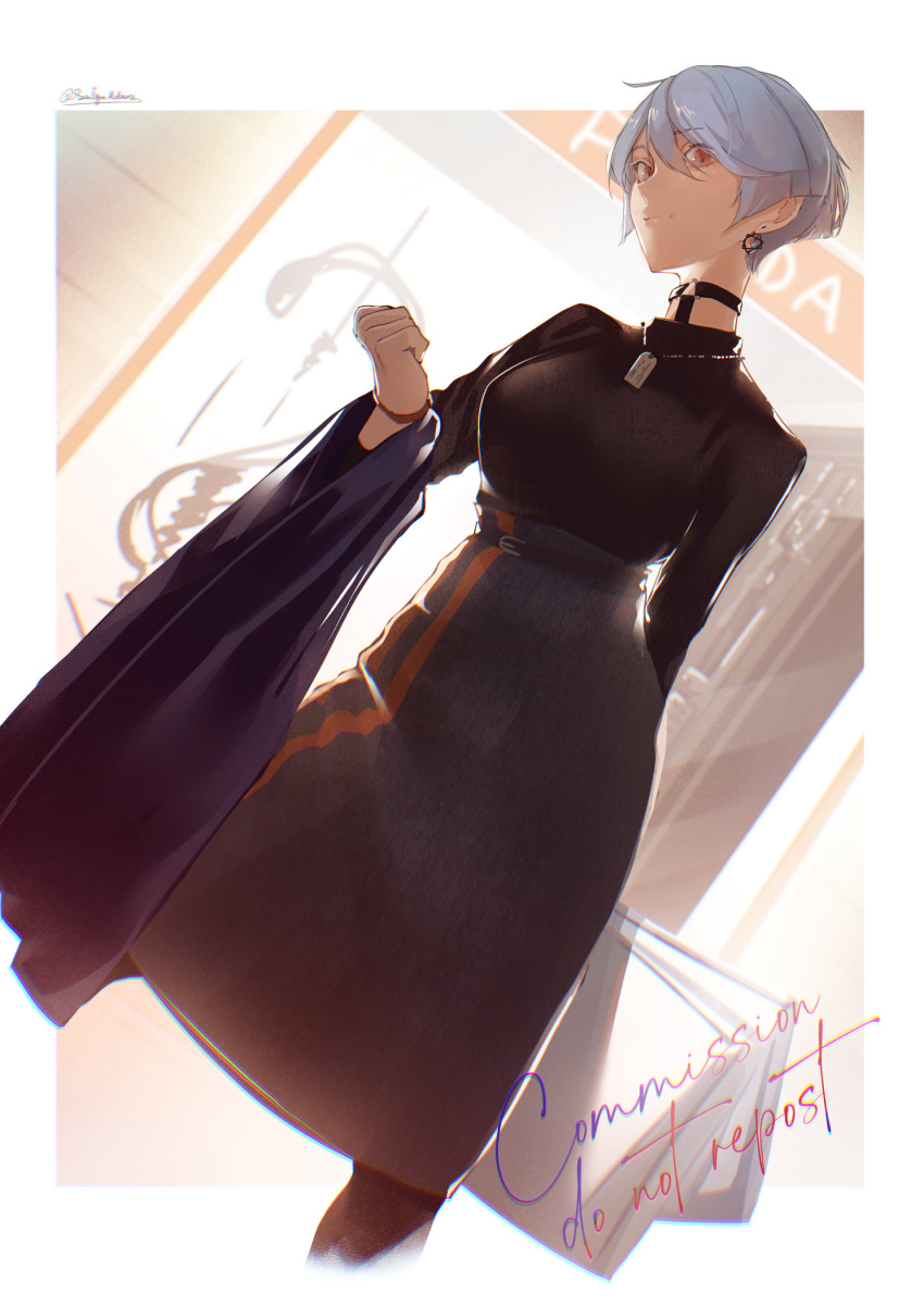 1girl, alternate_costume, belt, black_dress, blue_hair, bracelet, choker, commentary_request, commission, dog_tags, dress, dutch_angle, earrings, english_text, girls_frontline, hair_between_eyes, highres, jewelry, long_sleeves, looking_at_viewer, orange_eyes, pixiv_commission, saigakobaru, short_hair, smile, solo, zas_m21_(girls'_frontline)