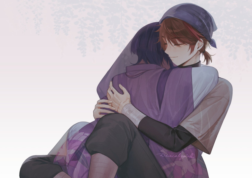 2boys, bandaged_arm, bandages, bangs, brown_hair, closed_eyes, commentary, english_commentary, eucalypink, genshin_impact, grey_scarf, head_scarf, highres, hug, japanese_clothes, male_focus, multiple_boys, niwa_(genshin_impact), ponytail, purple_hair, scar, scar_on_hand, scaramouche_(genshin_impact), scaramouche_(kabukimono)_(genshin_impact), scarf, short_hair, short_ponytail, signature, simple_background, smile, veil, white_background