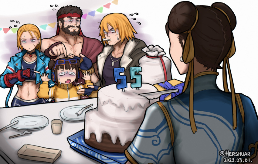 2boys, 3girls, abs, beard, birthday, birthday_cake, black_sports_bra, blonde_hair