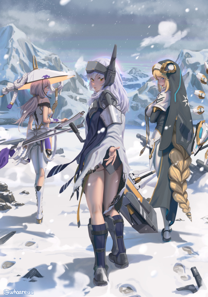 3girls, arm_guards, arm_under_breasts, armor, armored_boots, black_dress, blonde_hair, blue_eyes