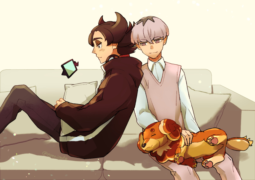2boys, bangs, black_eyes, bright_pupils, brown_hair, closed_mouth, collared_shirt, commentary_request