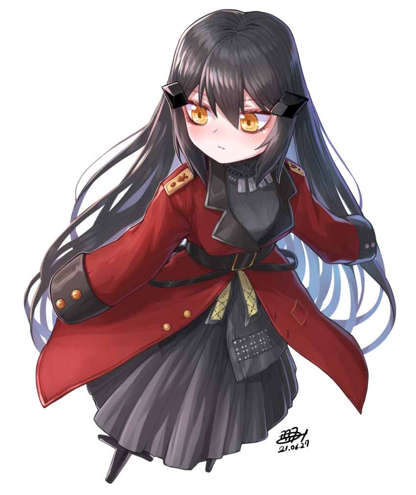 1girl, black_dress, black_hair, blush, commentary_request, dandelion_(girls'_frontline), dated, dress