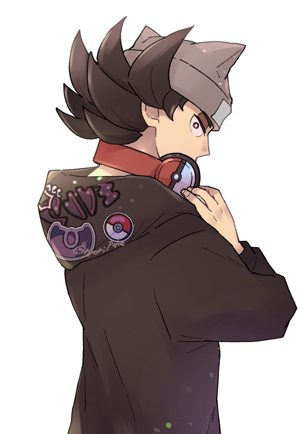 1boy, alternate_costume, beanie, black_eyes, bright_pupils, brown_eyeshadow, brown_hair, commentary_request