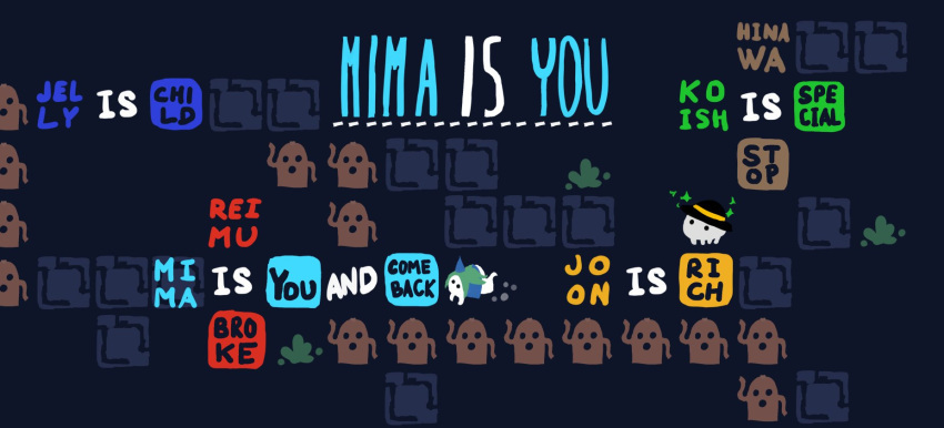 2girls, baba_is_you, black_headwear, blue_dress, blue_headwear, bush, colored_text, david_hrusa