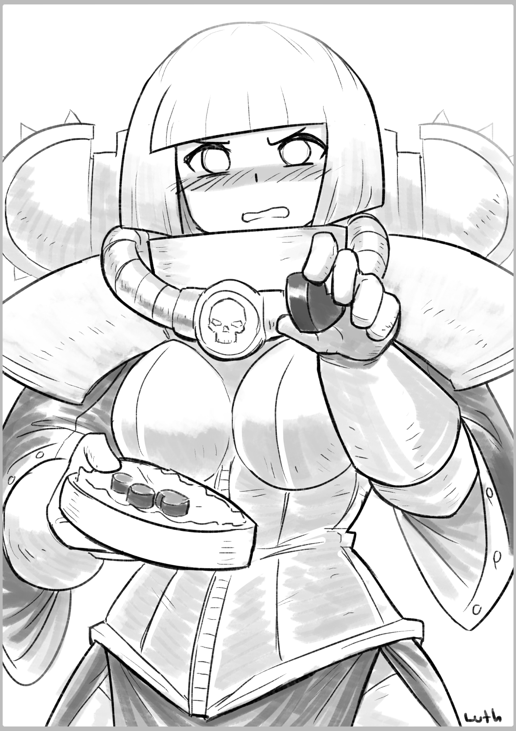 1girl, adepta_sororitas, armor, bangs, blunt_bangs, blunt_ends, blush, breasts
