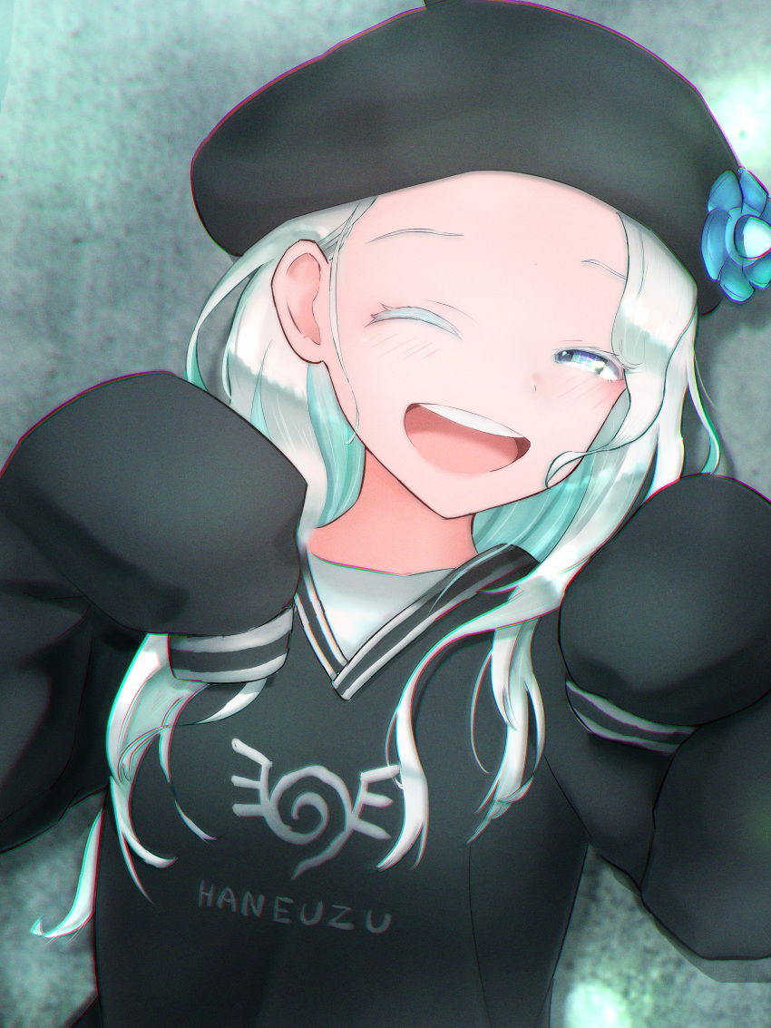 1girl, :d, absurdres, alternate_costume, beret, black_headwear, black_shirt, blue_flower