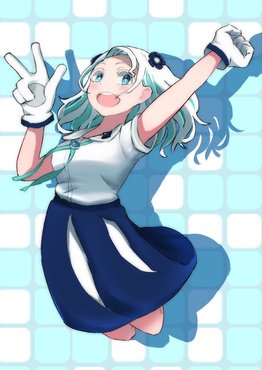 1girl, :d, absurdres, arm_up, black_flower, blue_eyes, blue_ribbon, blue_skirt