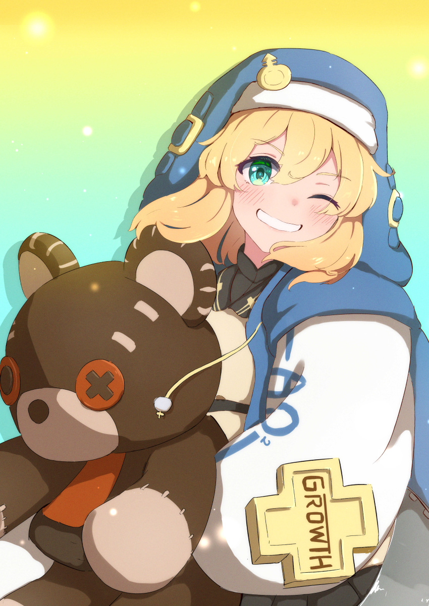 1girl, absurdres, androgyne_symbol, black_skirt, blonde_hair, blue_background, bridget_(guilty_gear), capo1_1