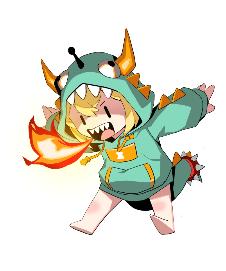 1girl, :d, amano_pikamee, barefoot, belt, blonde_hair, breathing_fire, chibi, collar, commentary, dinosaur_hood, drawstring, english_commentary, fire, full_body, hjjeon02, hood, hood_up, hoodie, leaning_forward, long_sleeves, outstretched_arms, red_belt, simple_background, sleeves_past_wrists, smile, solo, spiked_collar, spikes, spread_arms, upper_body, virtual_youtuber, voms, white_background, |_|