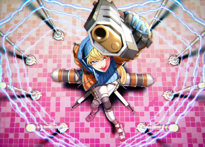 1girl, anemia_kwus, animification, apex_legends, b3_wingman, bangs, blonde_hair, blue_bodysuit