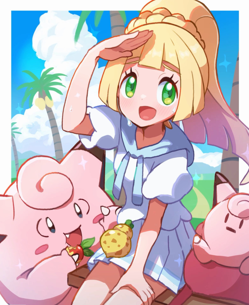 1girl, bangs, berry_(pokemon), blonde_hair, blue_sky, blunt_bangs, clefairy, clouds, dress, eating, fang, green_eyes, hand_on_own_forehead, hand_on_own_thigh, highres, hiisu_(s-1104-d), leppa_berry, lillie_(pokemon), open_mouth, outdoors, palm_tree, pokemon, pokemon_(game), pokemon_sm, ponytail, sailor_collar, short_sleeves, sitrus_berry, sitting_on_bench, skirt, sky, stuffed_toy, sweatdrop, tree, white_dress, white_skirt